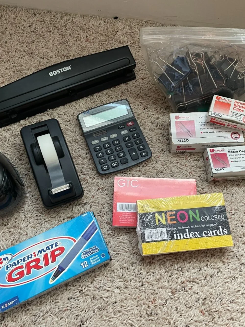 Office Bundle: Pencil Sharpener, Tape Dispenser, Calculator, 3-Hole Punch, Clips